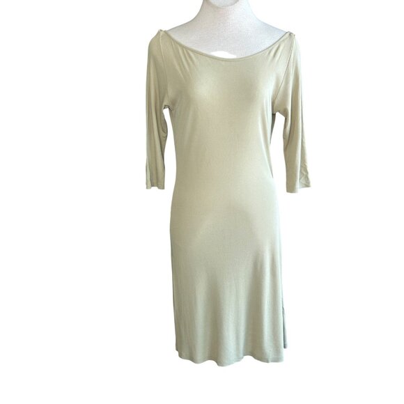 Mo & Su Vintage 90s Slinky Liquid Jersey Knit Tan Midi Dress Size Large - Picture 4 of 9
